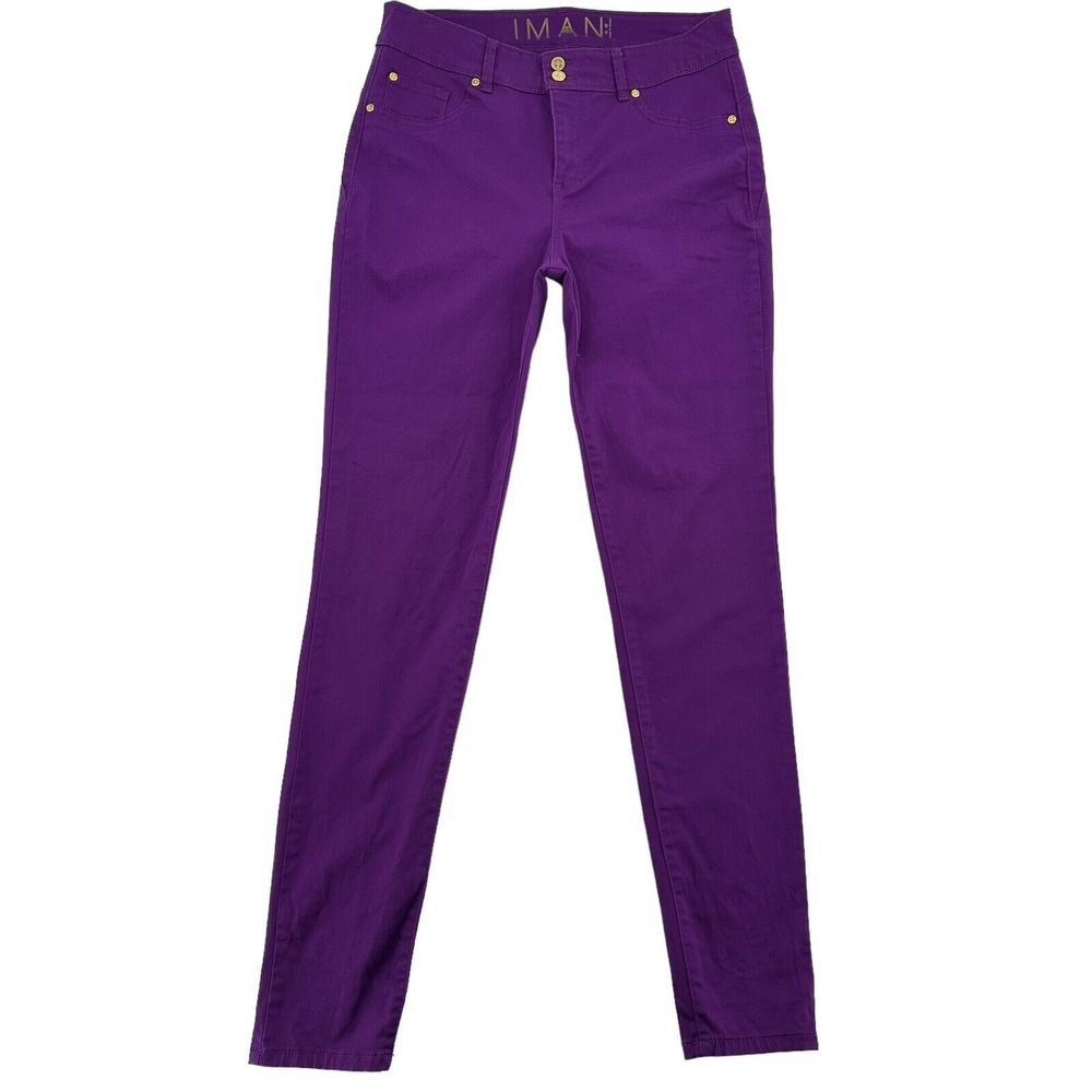 IMAN Sz 12 Tall Skinny Jeans Purple Gold Jeggings High Waisted Pockets Stretch